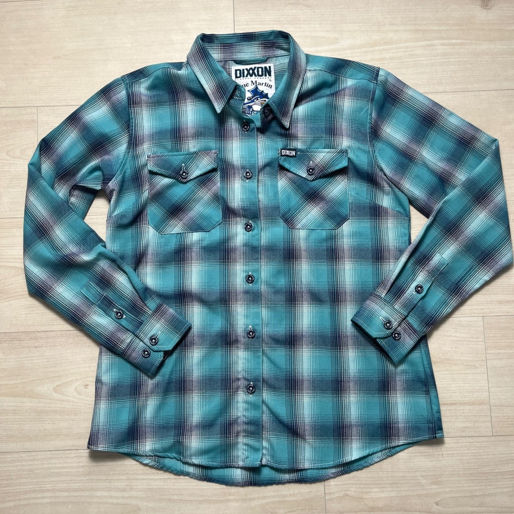 Dixxon Flannel Co Blue Marlin D-Tech Plaid Button Down Shirt Womens Large Teal
